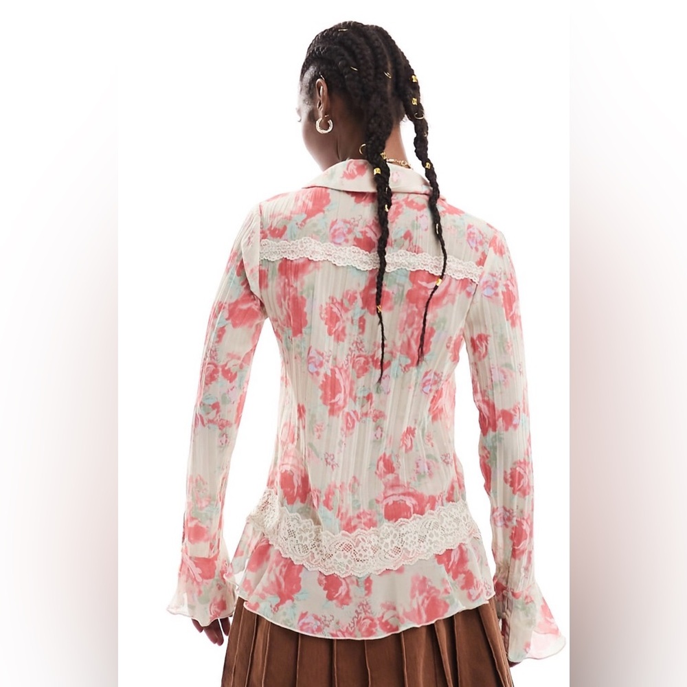 Free People Floral Ruffle Lace Blouse Ivory Pink Pleated Boho Romantic Top - Picture 8 of 9